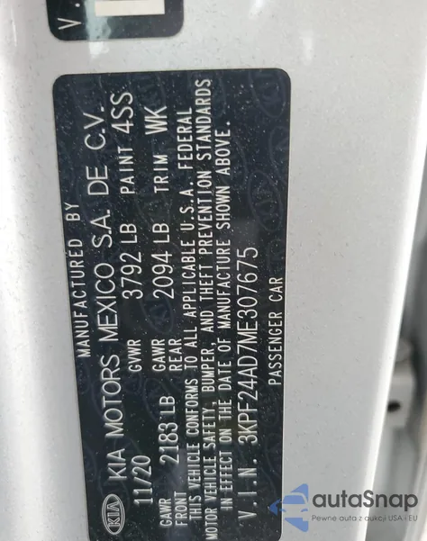 2021 Kia Forte Fe from USA, damaged, VIN 3KPF24AD7ME307675